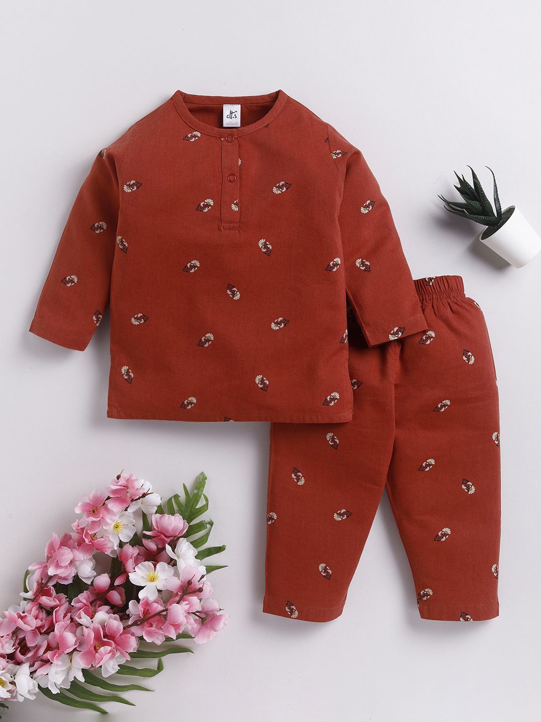 

Clt.s Infant Kids Floral Printed Pure Cotton Kurta With Trouser, Rust