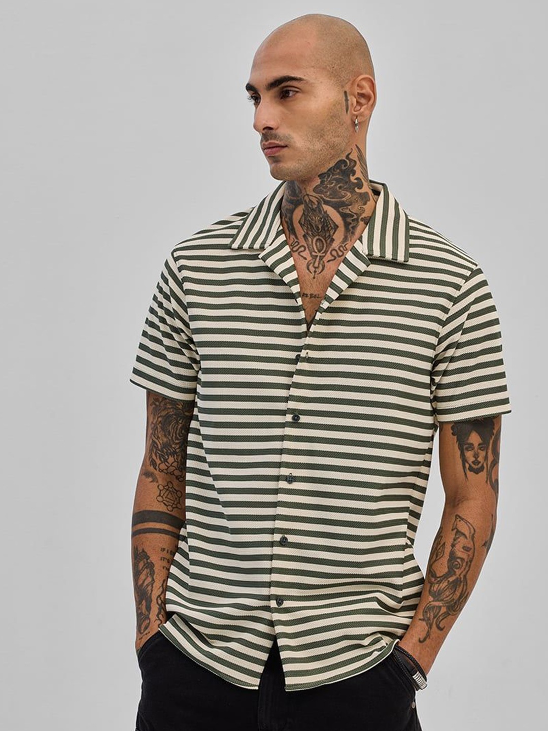 

Snitch Men Smart Slim Fit Horizontal Stripes Casual Shirt, Olive