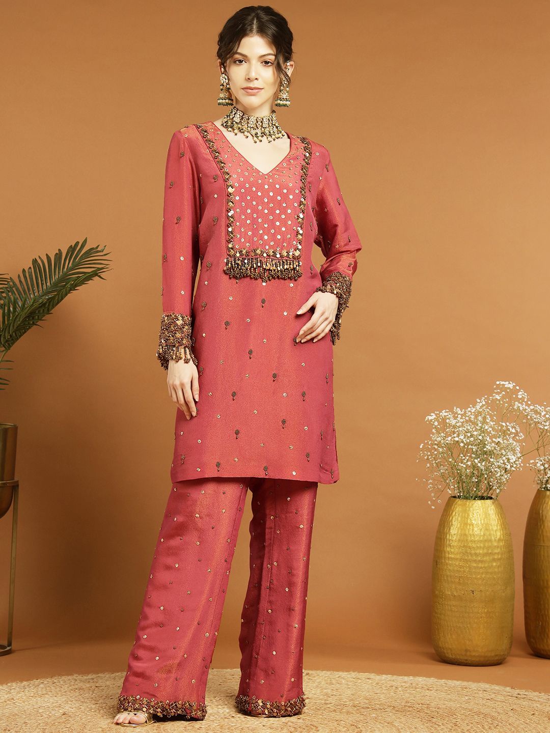 

RIRASA Geometric Embroidered Beads and Stones V-Neck Tissue Straight Kurta With Palazzo, Coral