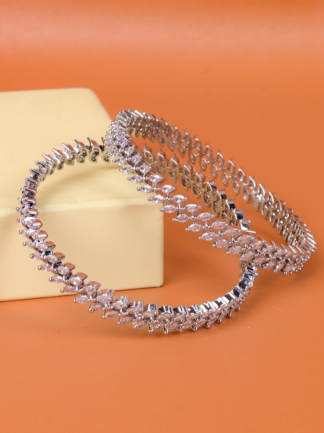 

Zevarly Set Of 2 Silver-Plated American Diamond Stone Studded Bangles