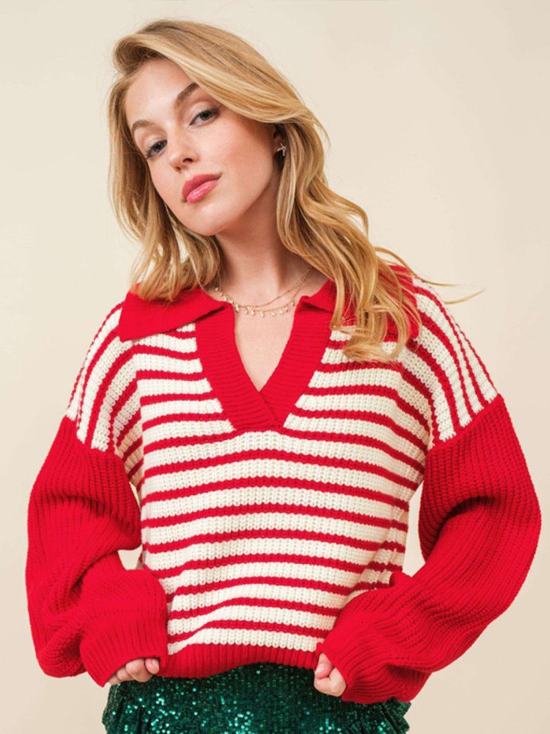 

StyleCast Women Striped Shirt Collar Pullover, Red
