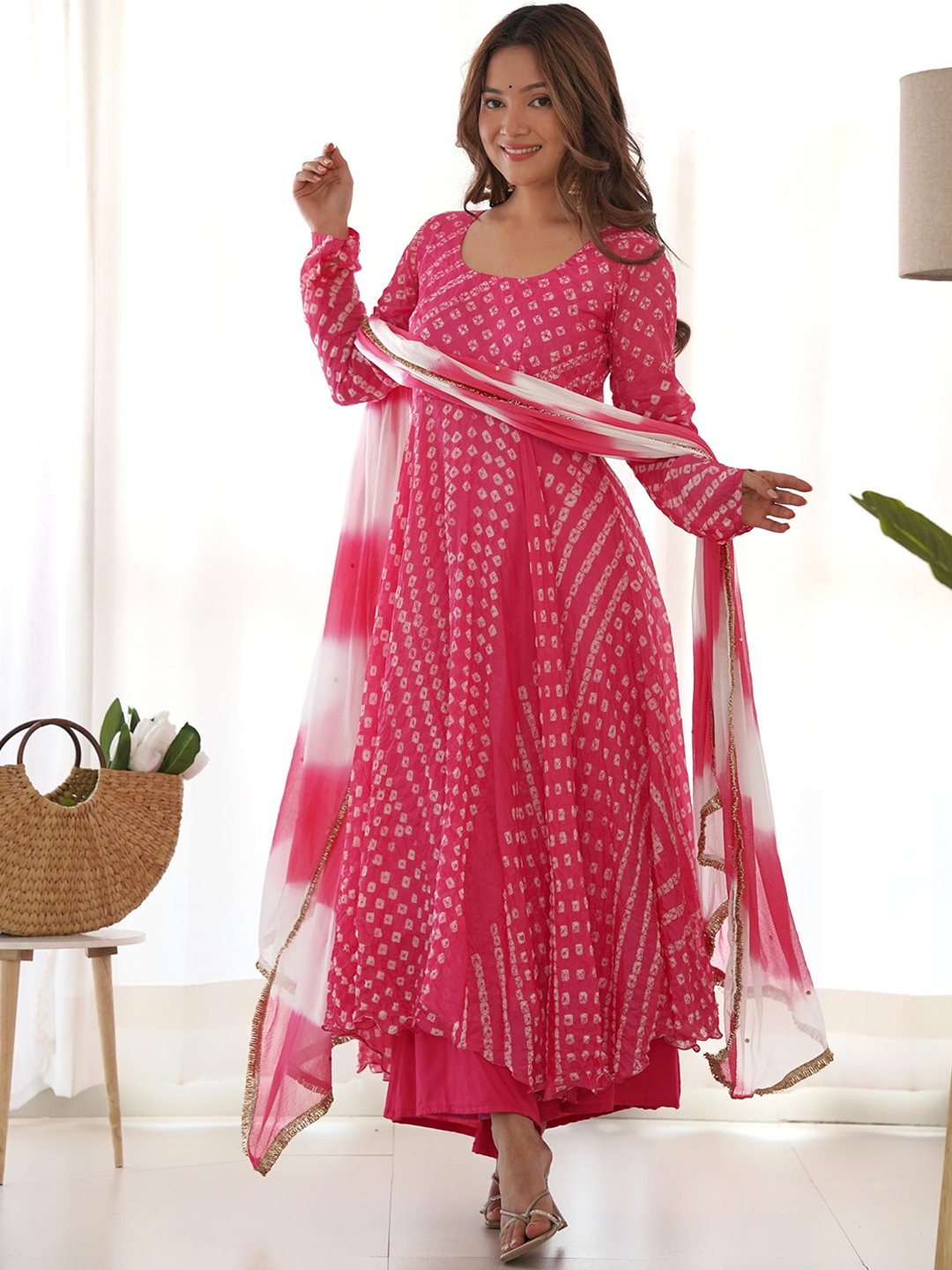 

Rangpur Women Bandhani Printed Angrakha Silk Chiffon Kurta with Palazzos & With Dupatta, Magenta