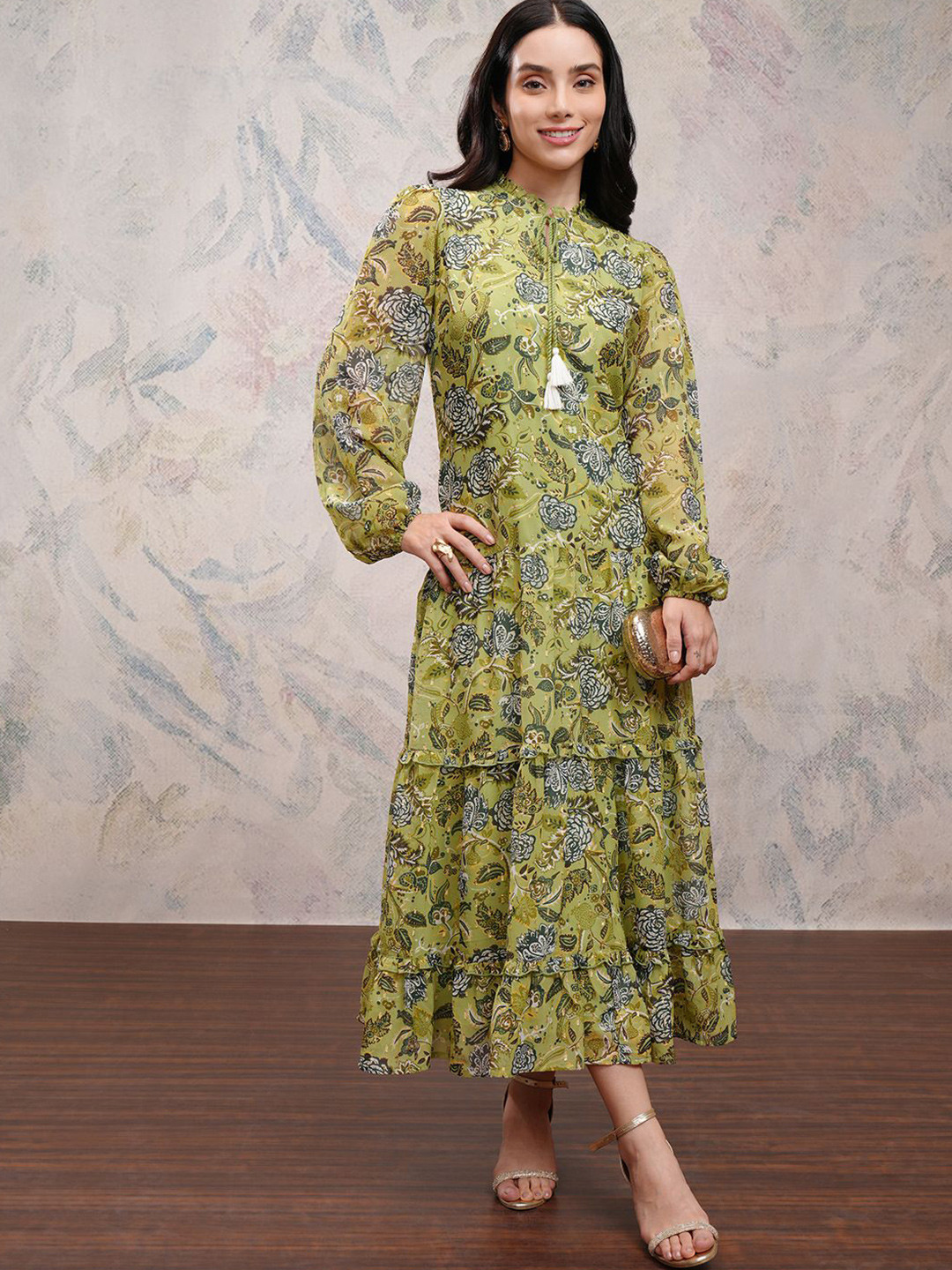 

Vishudh Women Floral Printed Tie-Up Neck Maxi Dress, Olive