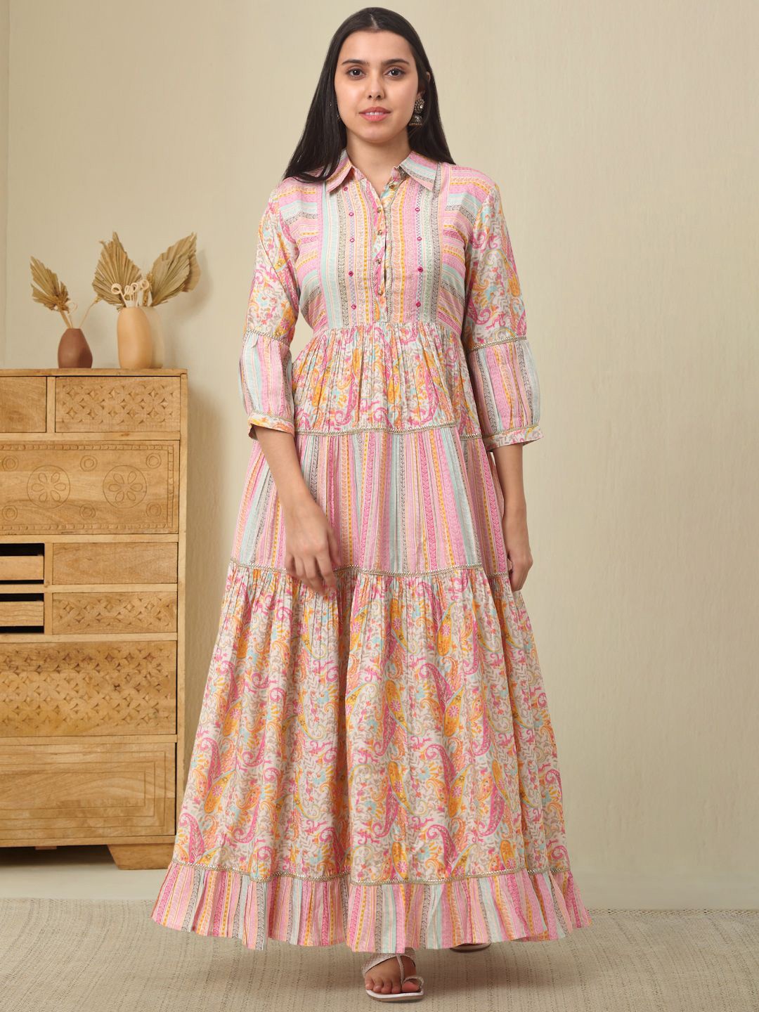 

KALINI Women Ethnic Motifs Printed Maxi Gown Dress, Peach