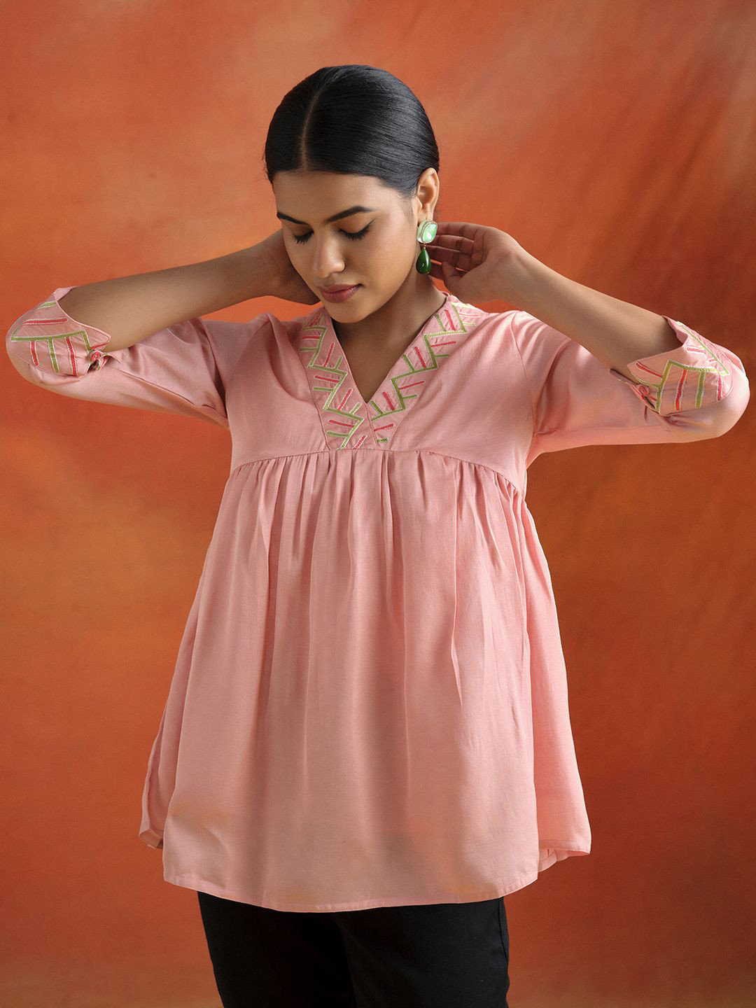

Jaipur Kurti Women Printed V-Neck Top, Pink