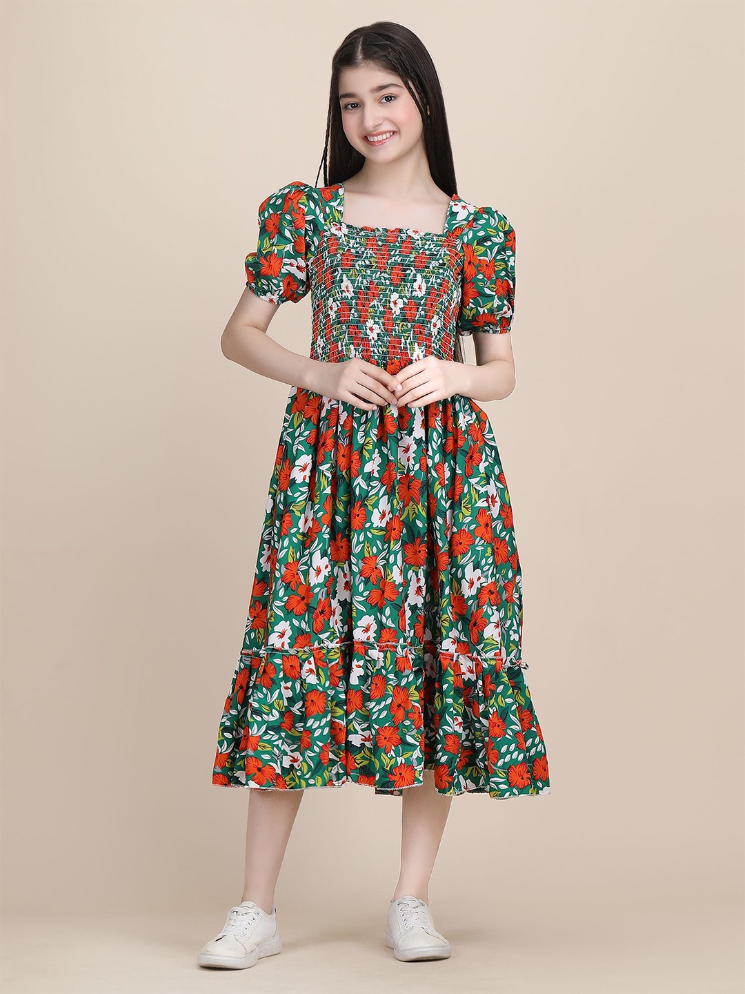 

DEKLOOK Girls Floral Printed Square Neck Puff Sleeve Fit & Flare Midi Dress, Green