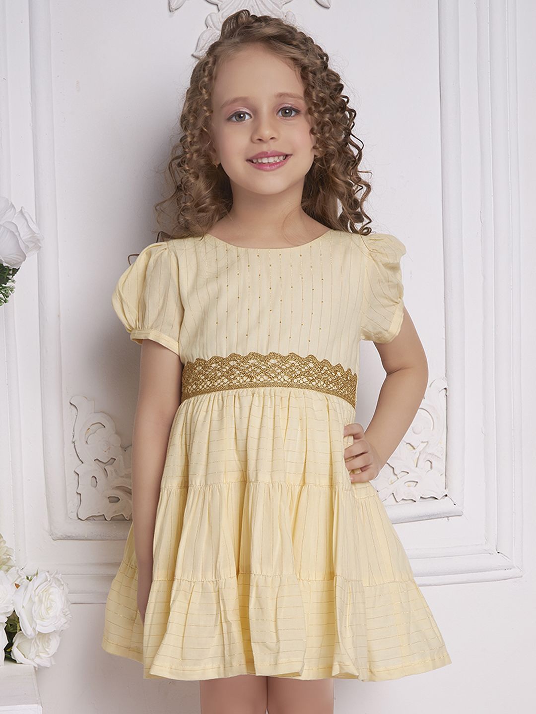 

Soleilclo Girls Striped Puff Sleeve Fit & Flare Dress, Cream
