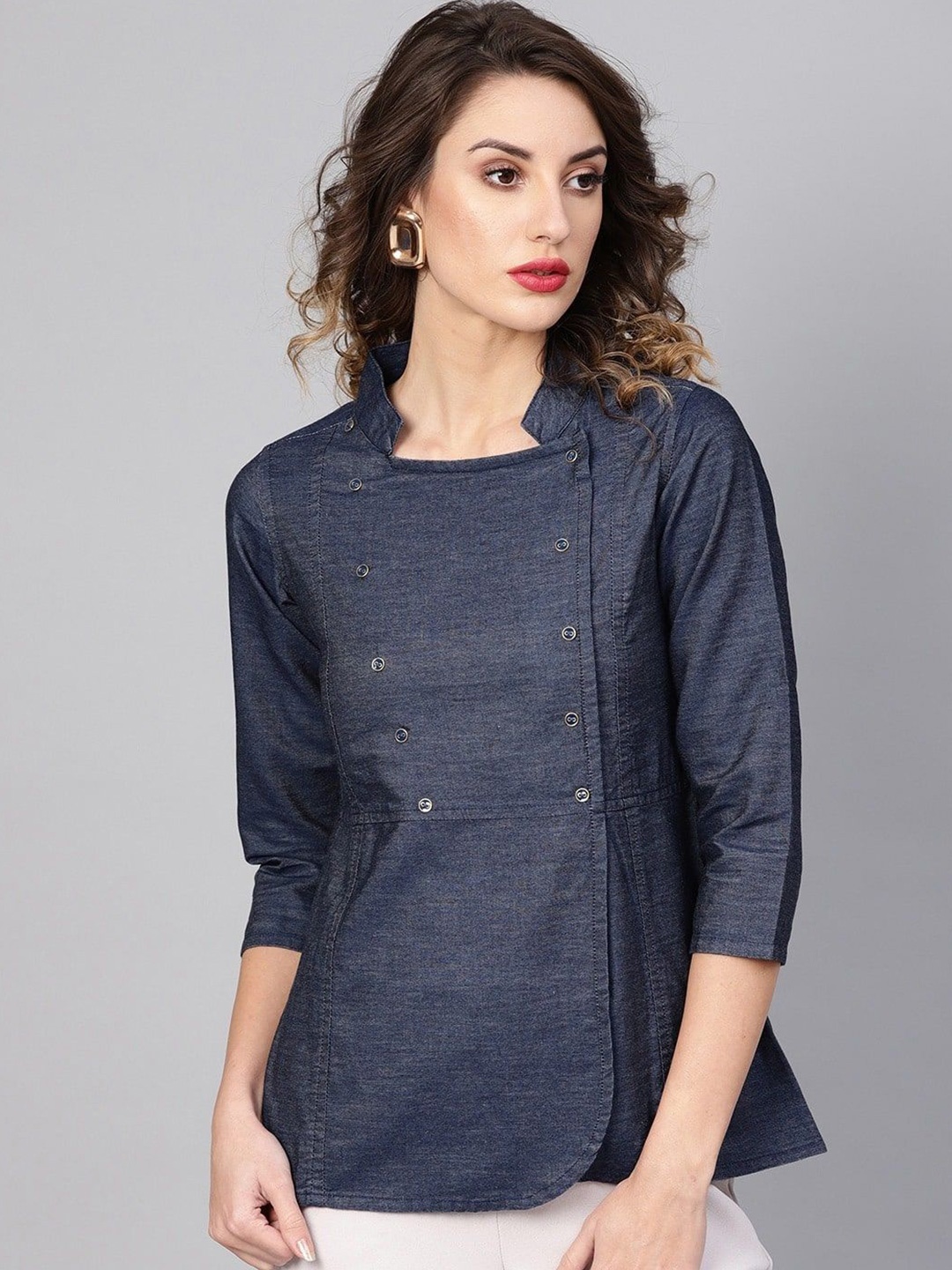 

IKRASS Women Mandarin Collar Cotton Denim Top, Blue