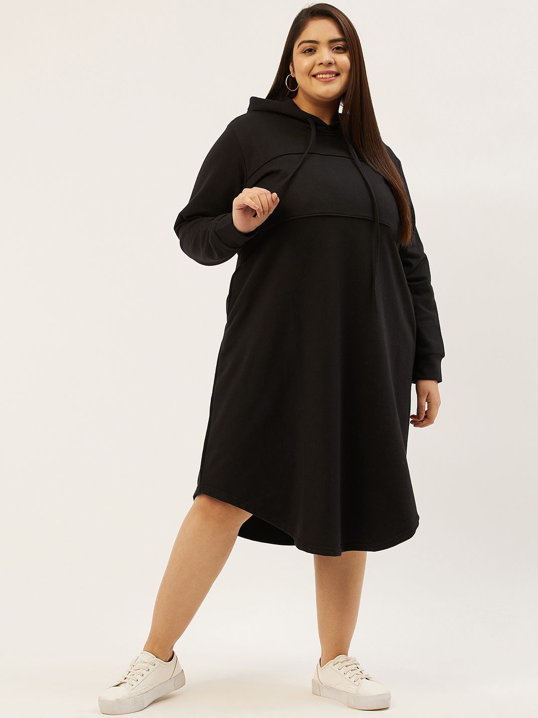 

theRebelinme Women Plus Size Hooded A-Line Midi Dress, Black