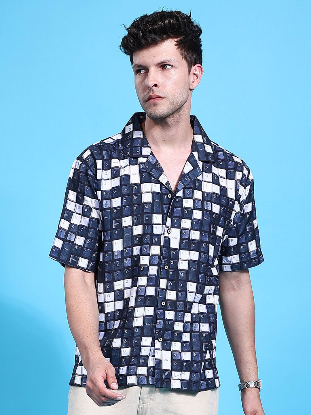 

The Indian Garage Co Men Oversized Conversational Printed Resortwear Shirt, Black