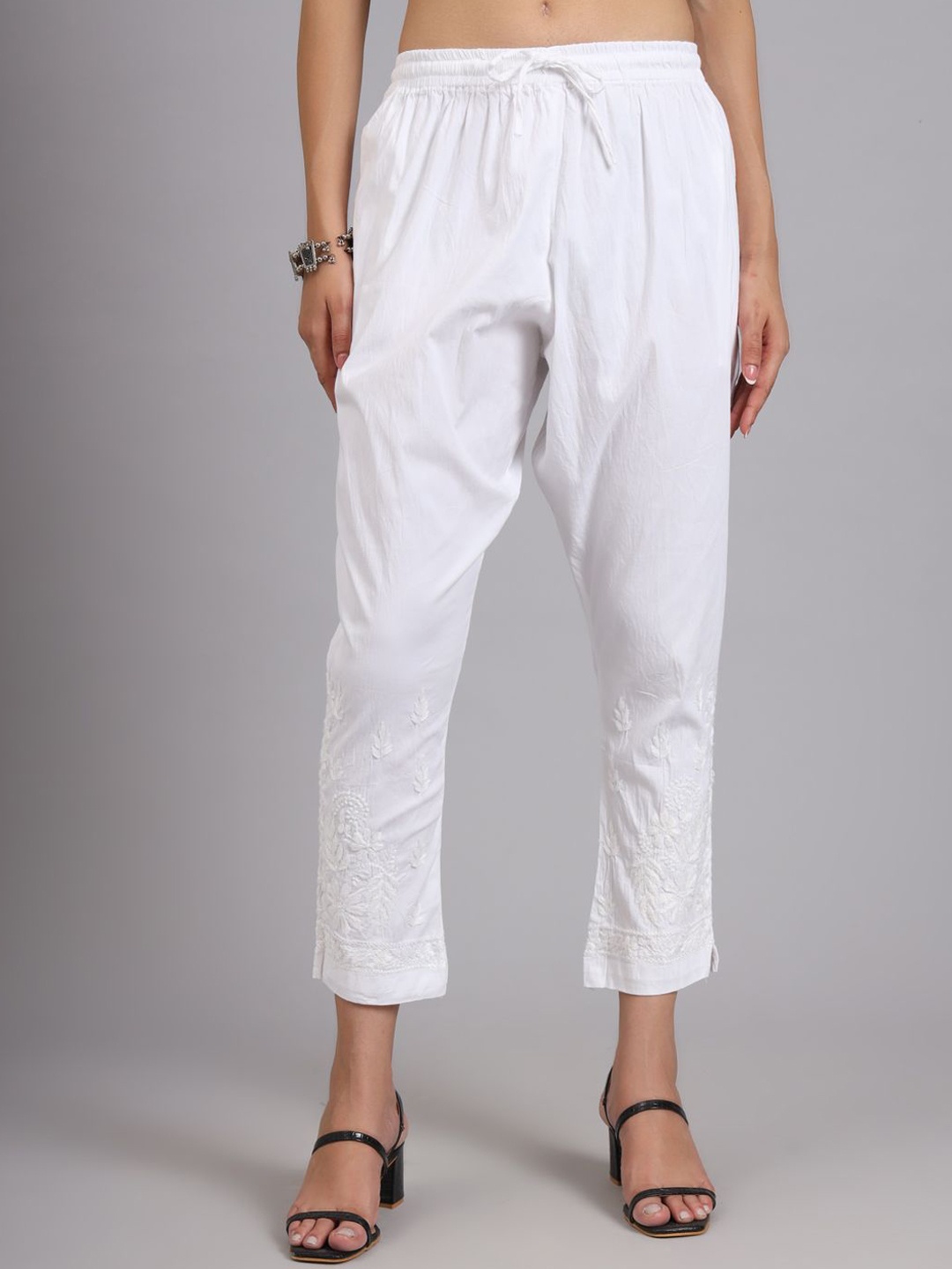 

The Chikan Label Women Ethnic Motifs Embroidered Straight Fit Trouser, White