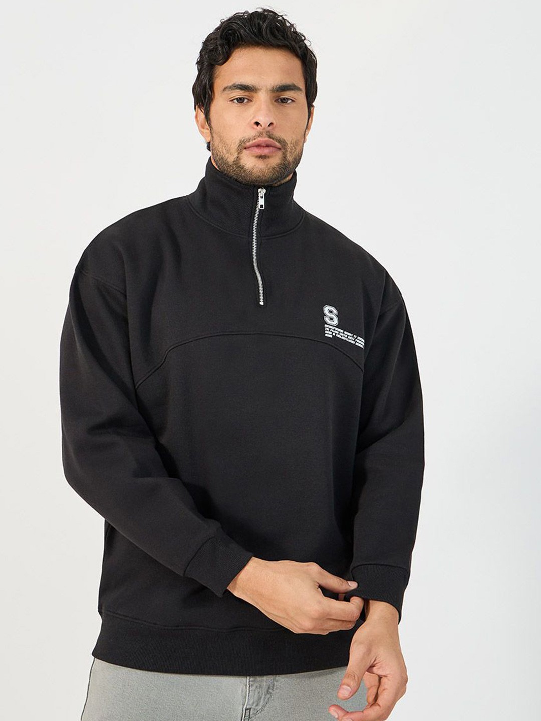 

Styli Black Quarter Zip Chest Print High Neck Long Sleeves Boxy Fit Heavy Sweatshirt
