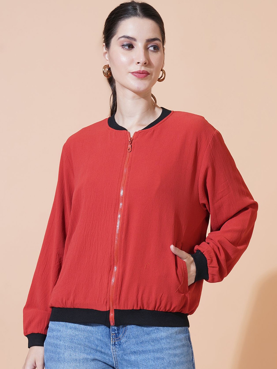 

IX IMPRESSION Women Solid Bomber Jacket, Red