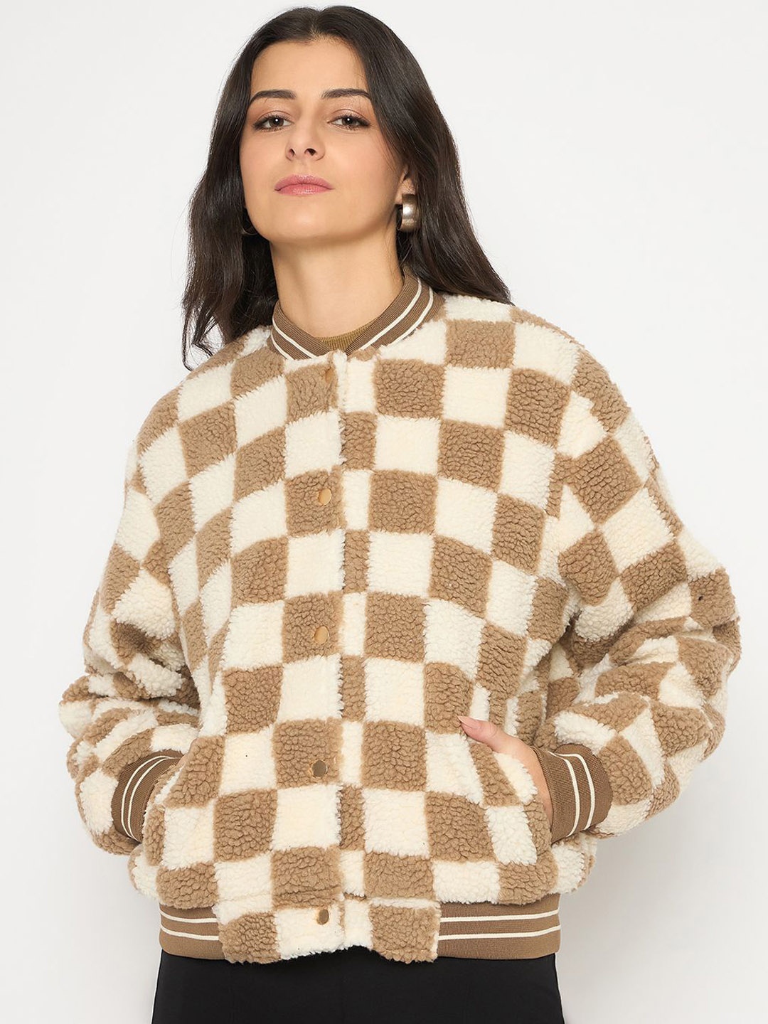 

Madame Women Geometric Checked Polyester Tailored Jacket, Brown