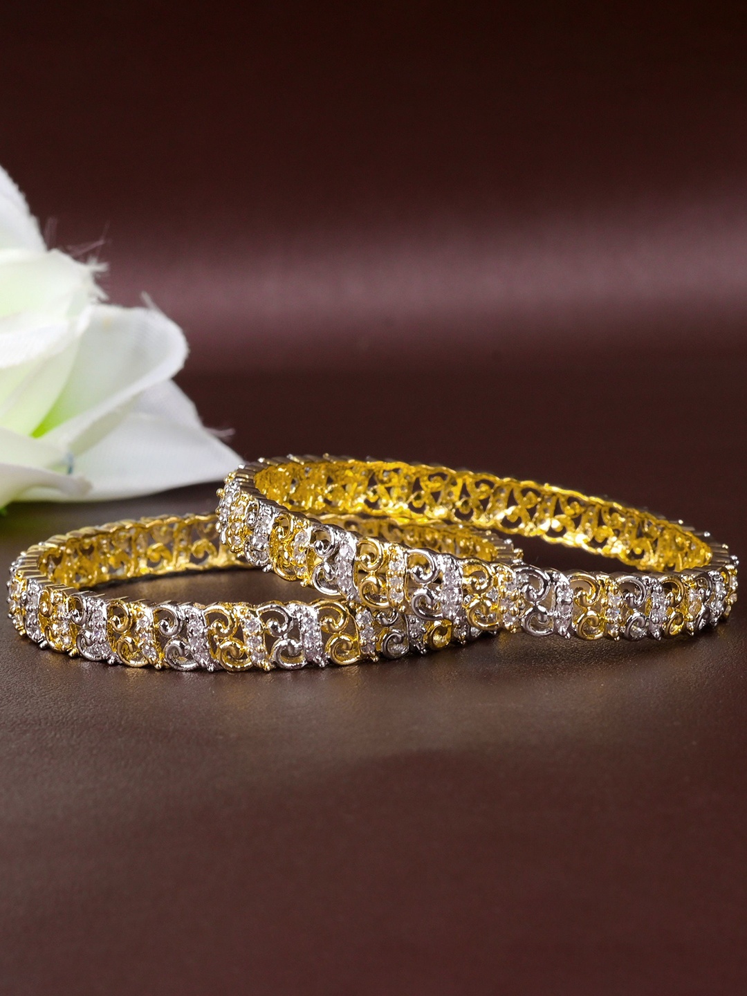 

Zevarly Set Of 2 Gold Plated American Diamond Stone Studded Bangles