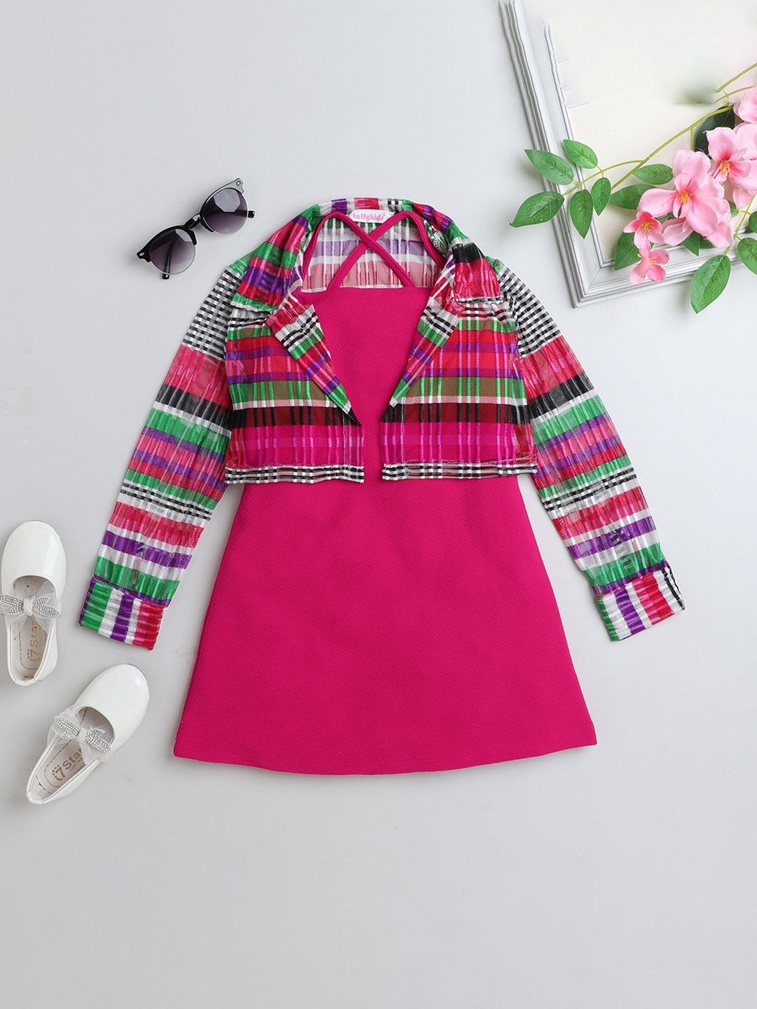 

taffykids Girls Checked Mandarin Collar Long Sleeves A-Line Dress, Pink