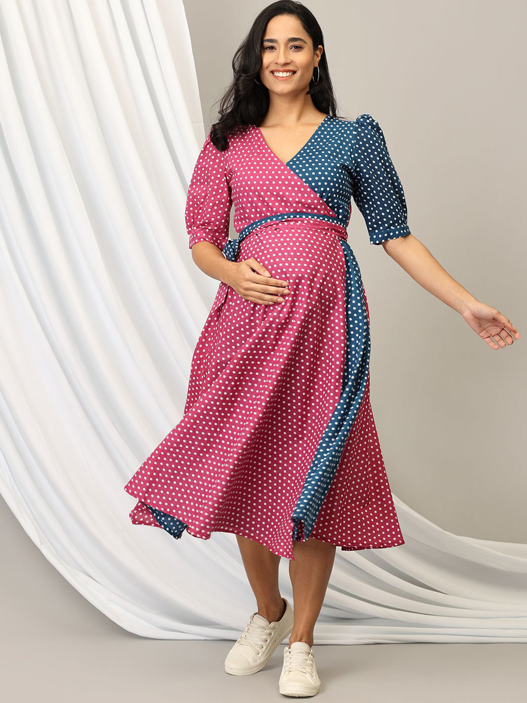 

The Mom Store Women Polka Dot Printed Cotton Maternity Wrap Dress, Blue