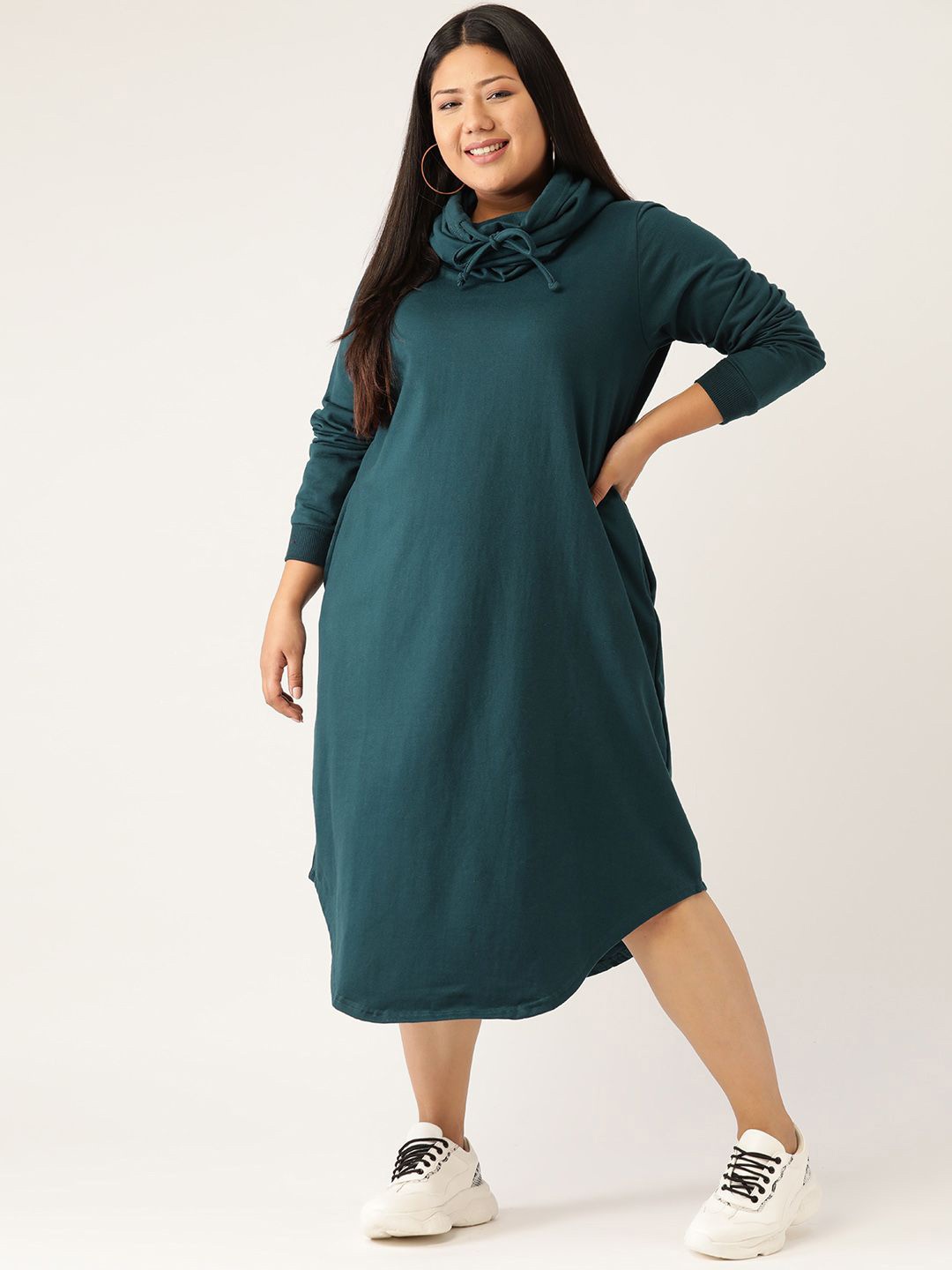 

theRebelinme Women Cotton Cowl Neck Long Sleeves Plus Size A-Line Midi Dress, Teal