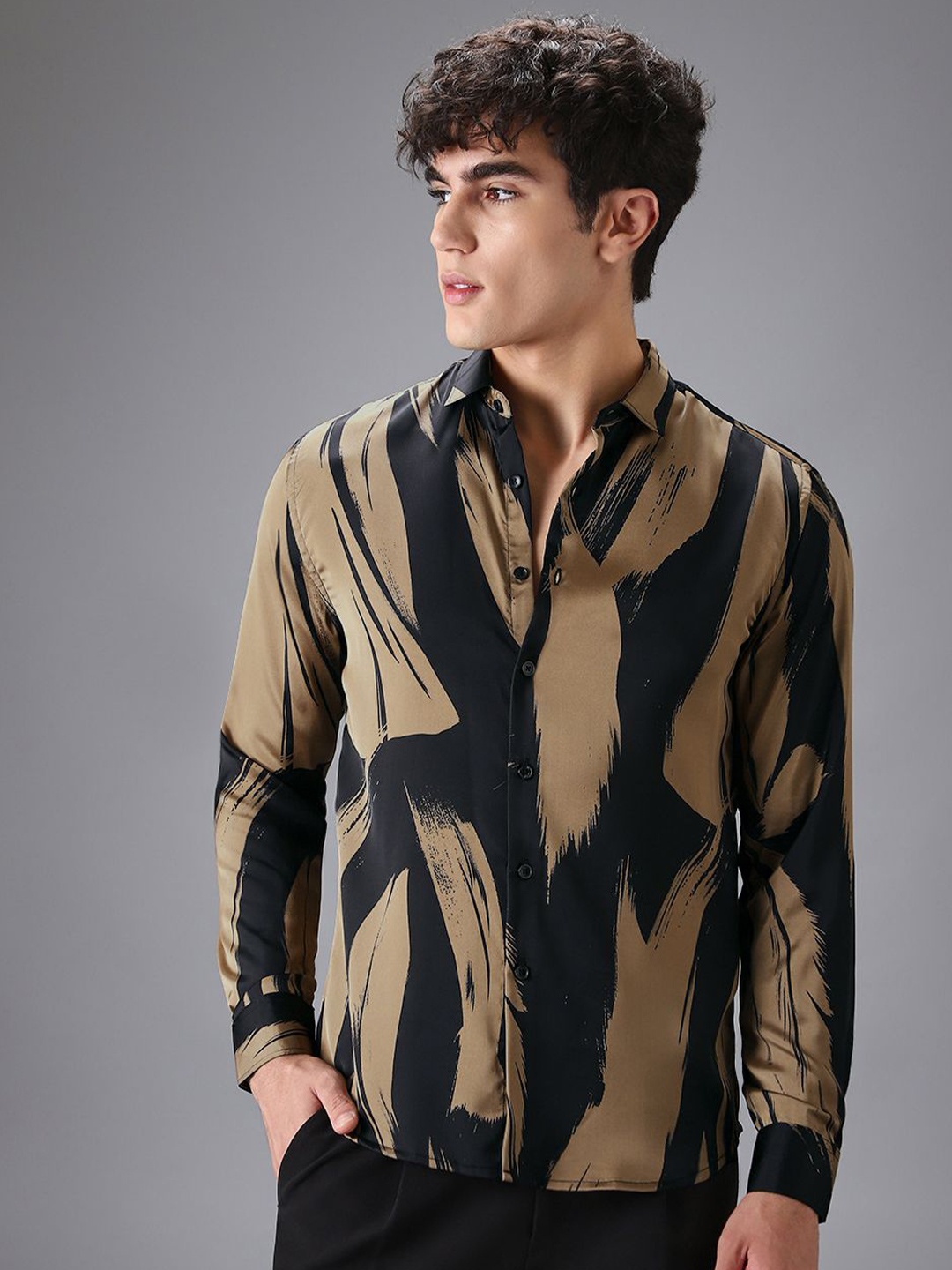 

Banana Club Men Classic Slim Fit Printed Casual Satin Shirt, Brown