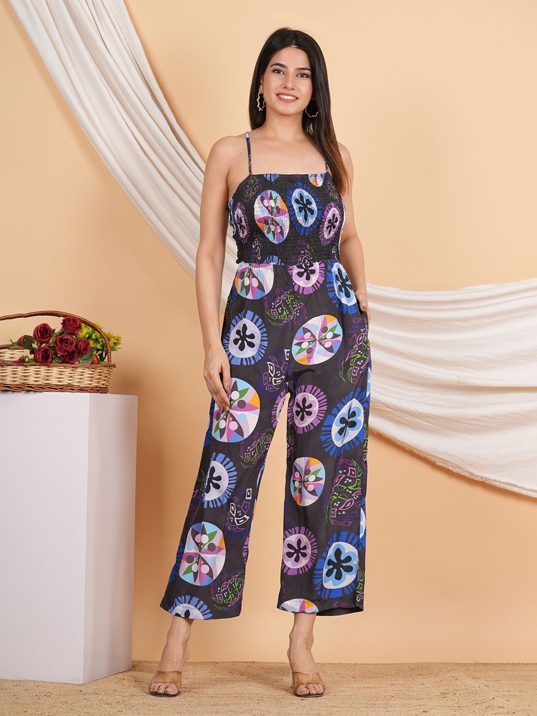 

IKRASS Women Geomatrical Printed Smoking Basic Jumpsuit, Black