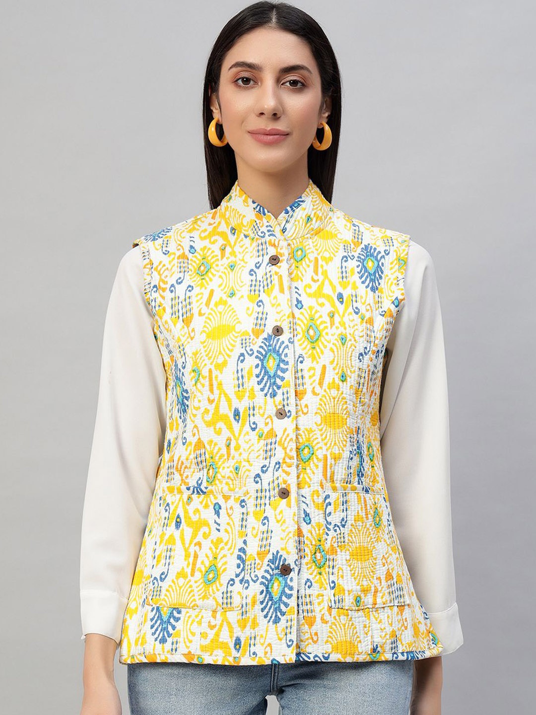 

HANDICRAFT PALACE Floral Printed Mandarin Collar Reversible Quilted Jacket, Yellow