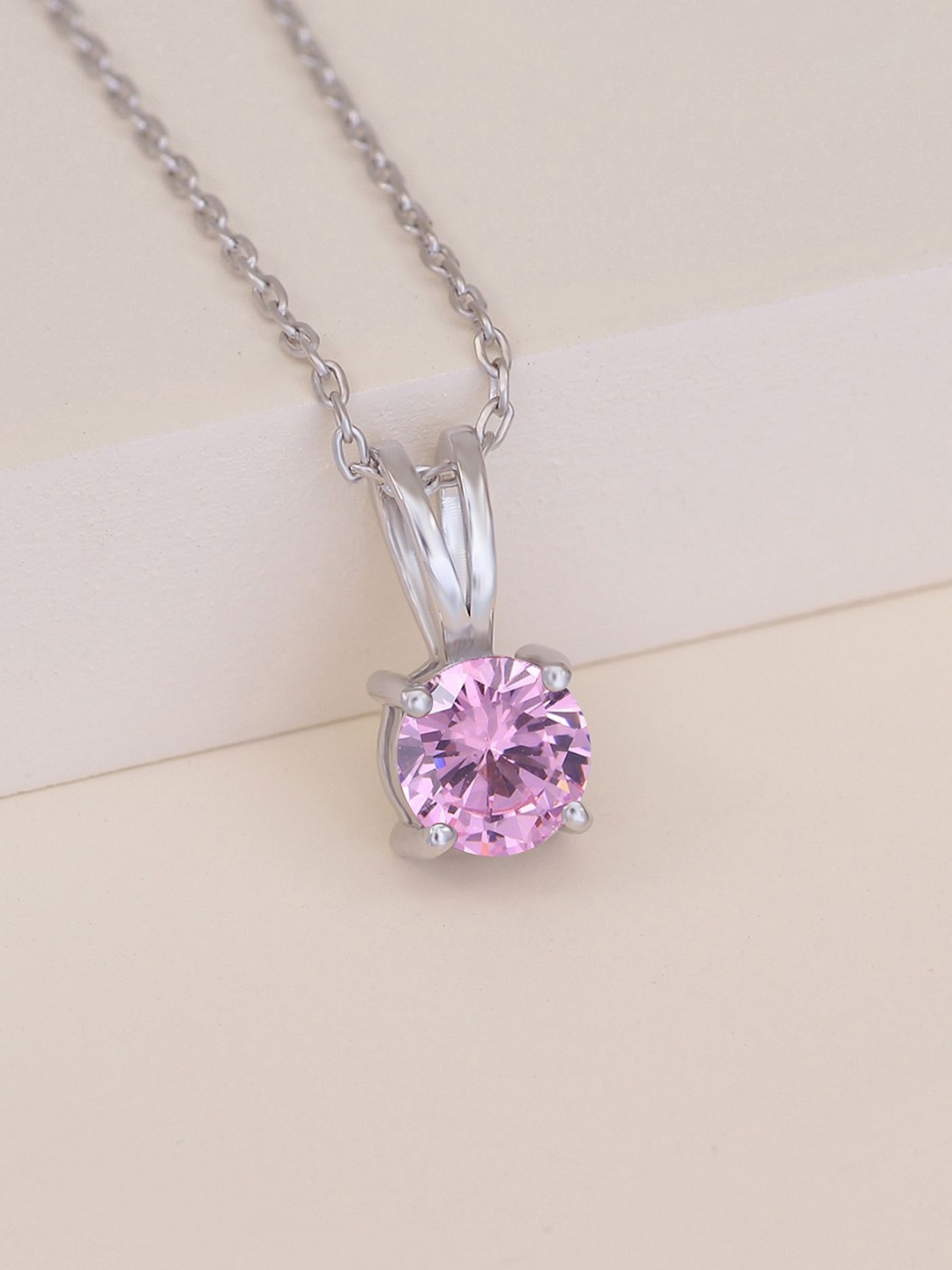

Ornate Jewels 925 Sterling Silver Rhodium-Plated AD Studded Solitaire Pendant With Chain