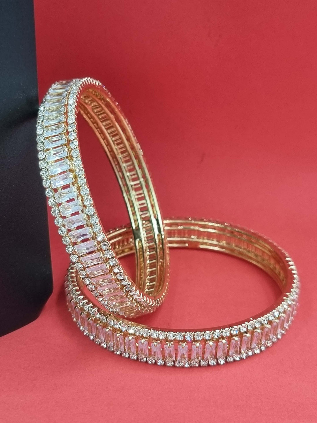 

AARNAA Set Of 2 Gold-Plated American Diamond Stone-Studded Bangles