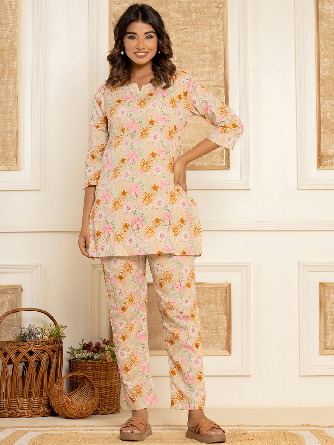 

Cottbelle Women Floral Printed Round Neck Pure Cotton Night Suit, Beige