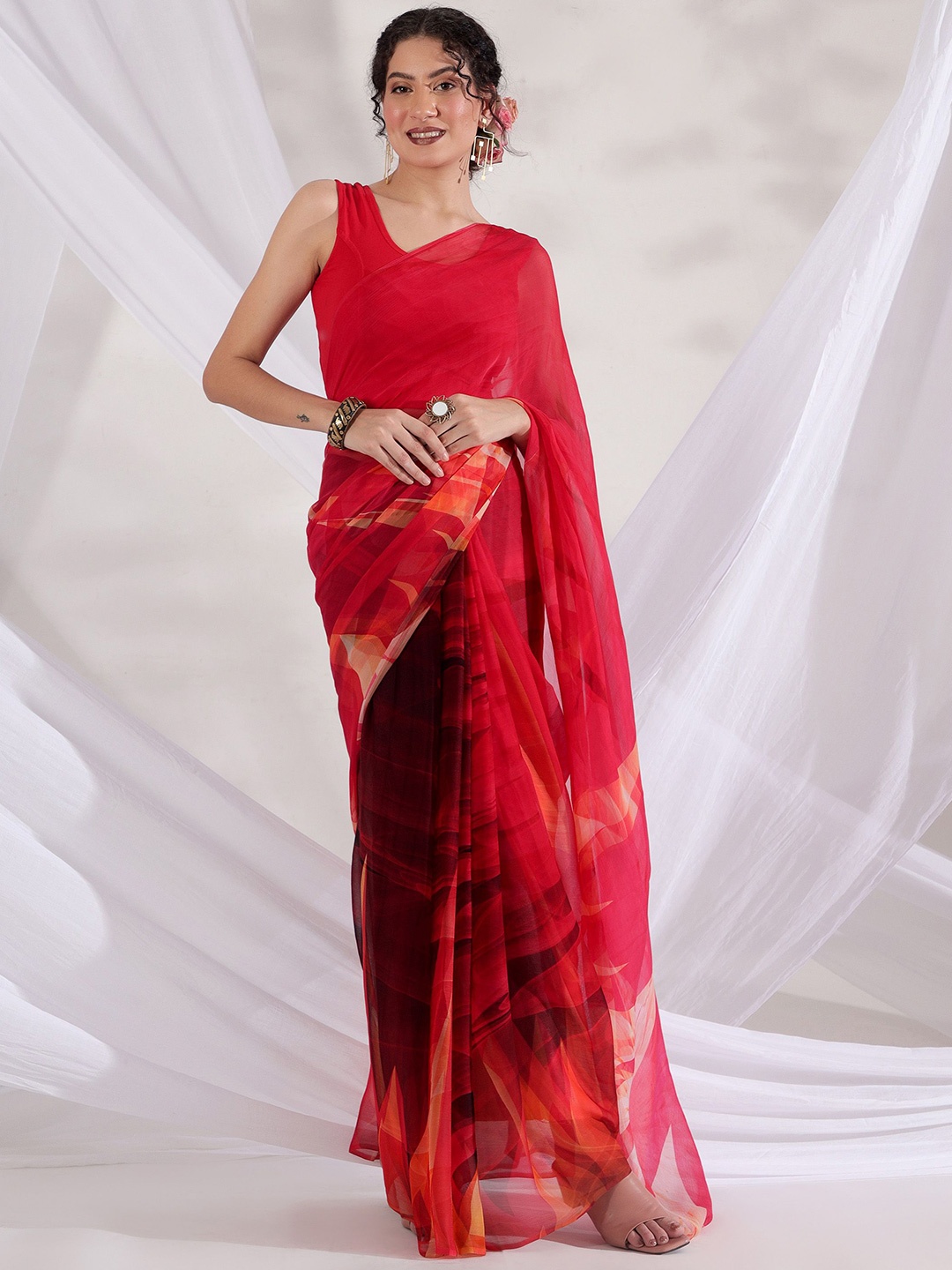 

REETI OF PRINTS Pure Chiffon Saree, Red