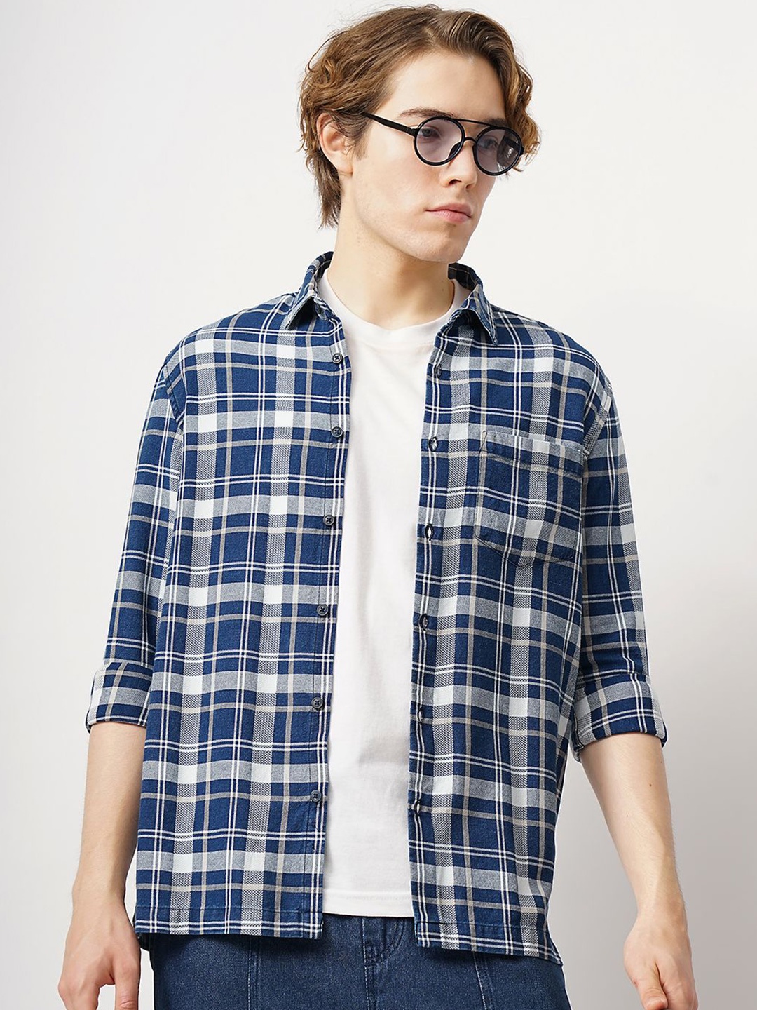 

British Club Men Classic Tartan Checked Casual Shirt, Navy blue