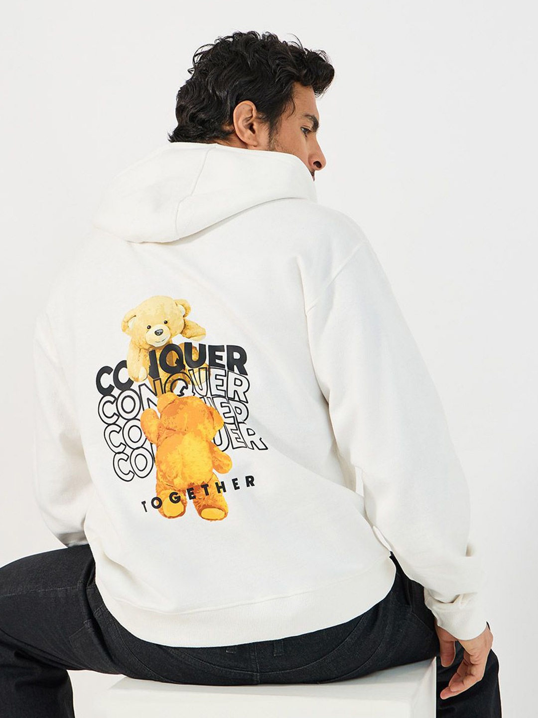 

Styli White Placement Teddy Back Printed Hooded Cotton Relaxed Fit Sweatshirt