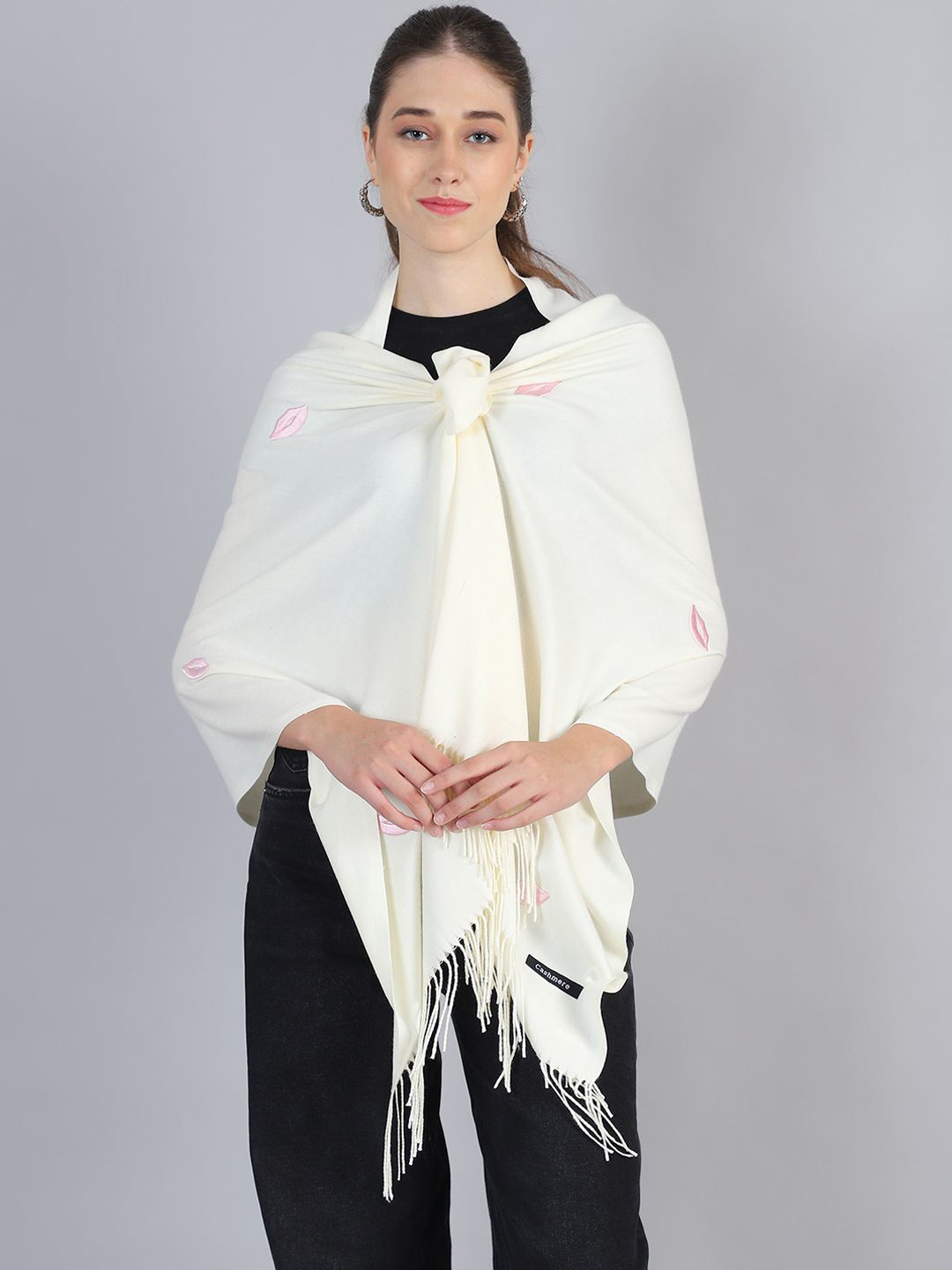 

ELLIS Women Acrylic Stole With Tasselled Border, Off white