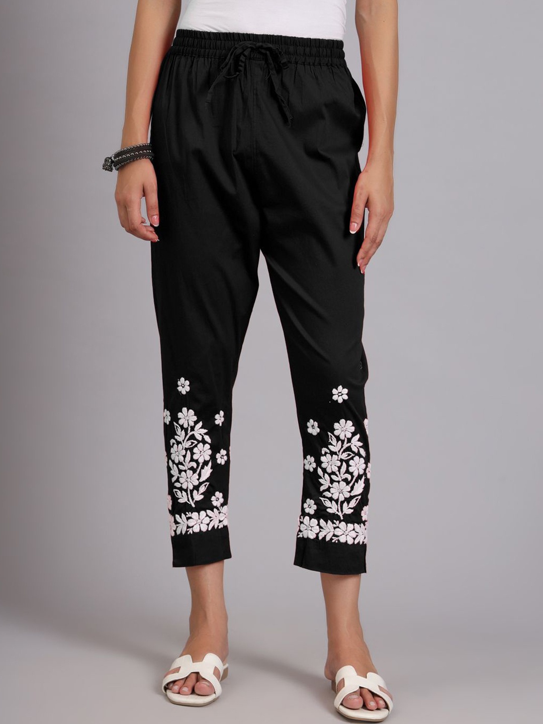 

The Chikan Label Women Floral Embroidered Relaxed Straight Leg Fit Trousers, Black