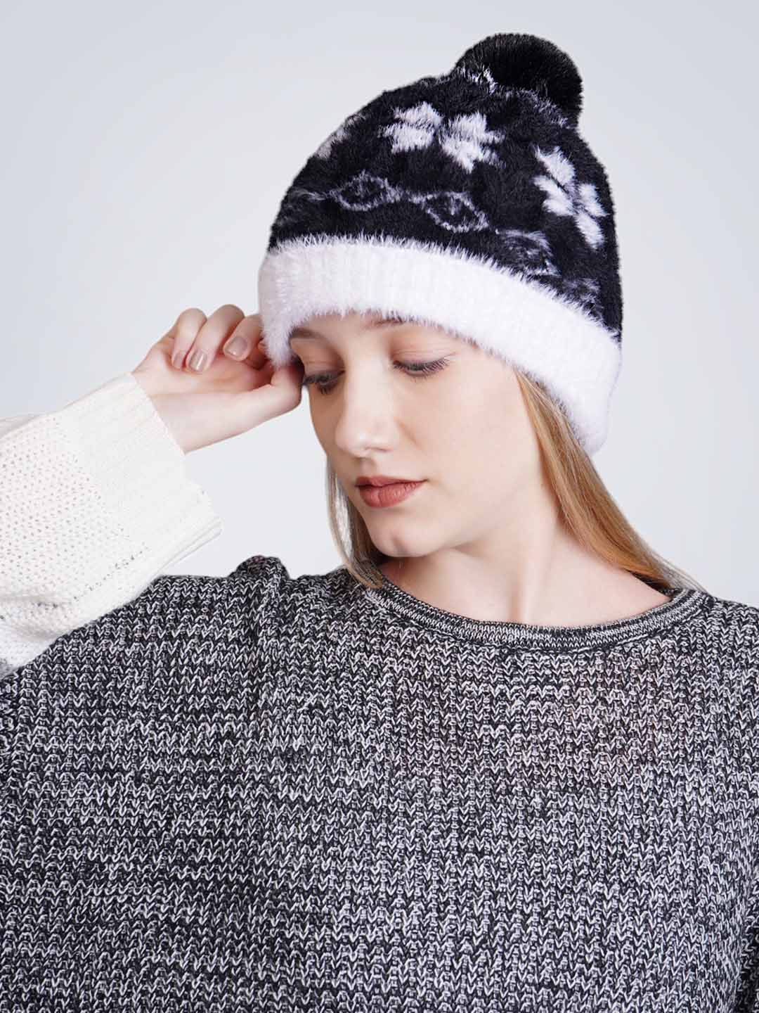 

Bharatasya Women Woollen Colourblocked Beanie Cap, Black