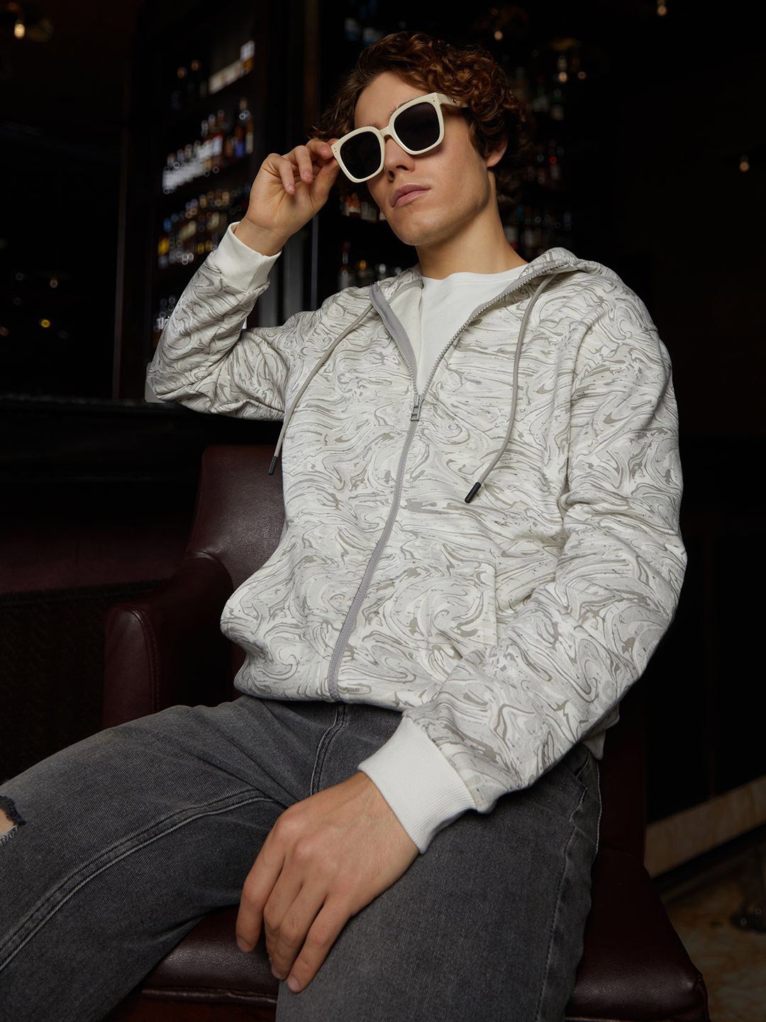 

Campus Sutra Men Printed Hooded Long Sleeves Front-Open Sweatshirt, Multi