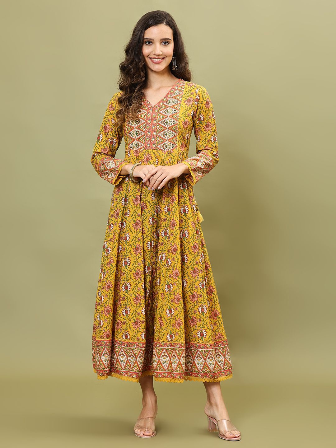 

Meena Bazaar Women Ethnic Motifs Printed Cotton V-neck Fit & Flare Maxi Ethnic Dress, Mustard