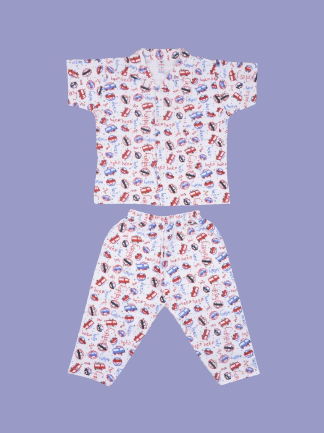 

Yellow Bee Boys Pure Cotton Shirt Collar Short Sleeves Printed Night suit, White