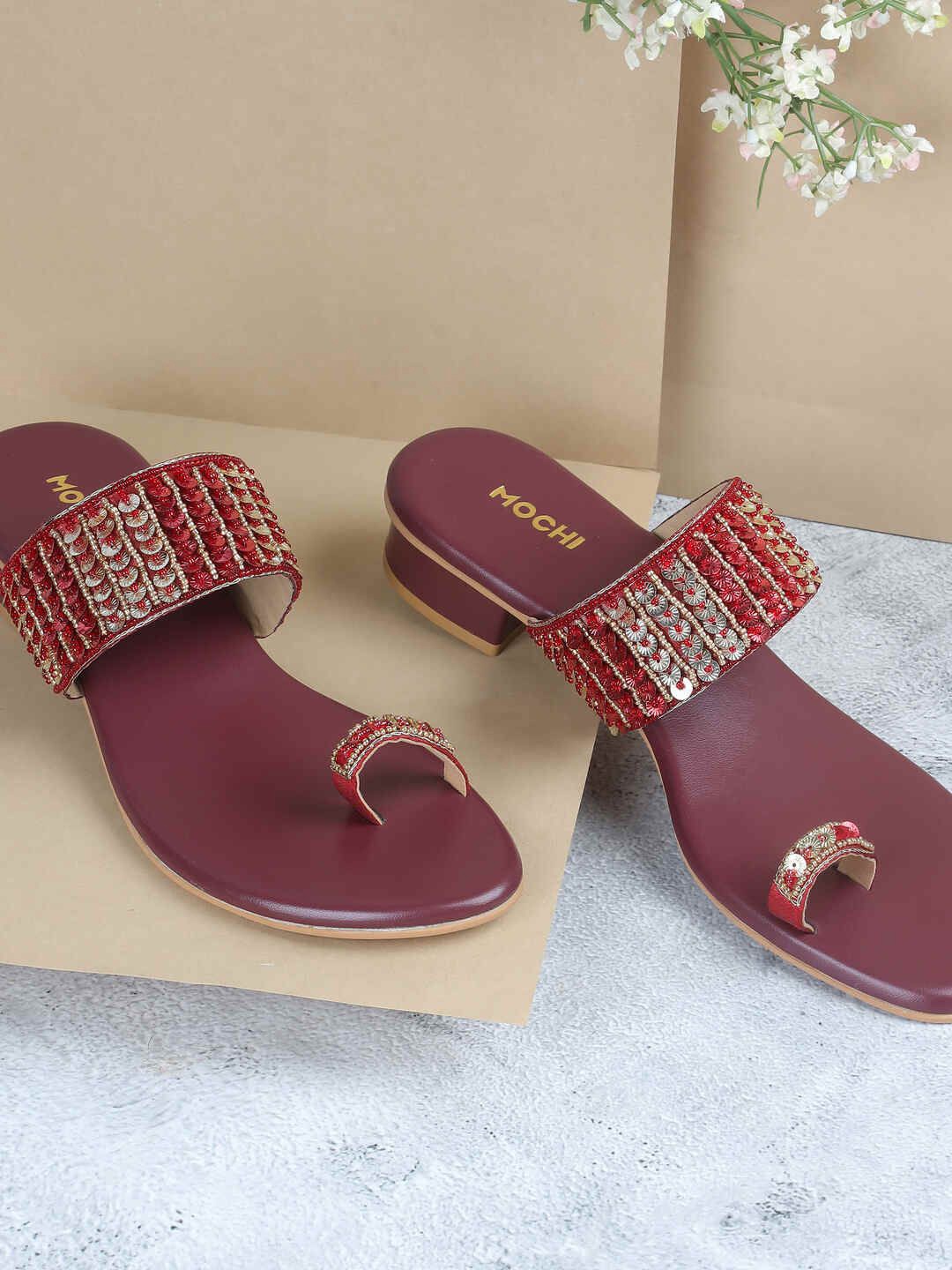 

Mochi Women Ethnic - Embellished Wedge Mules, Maroon