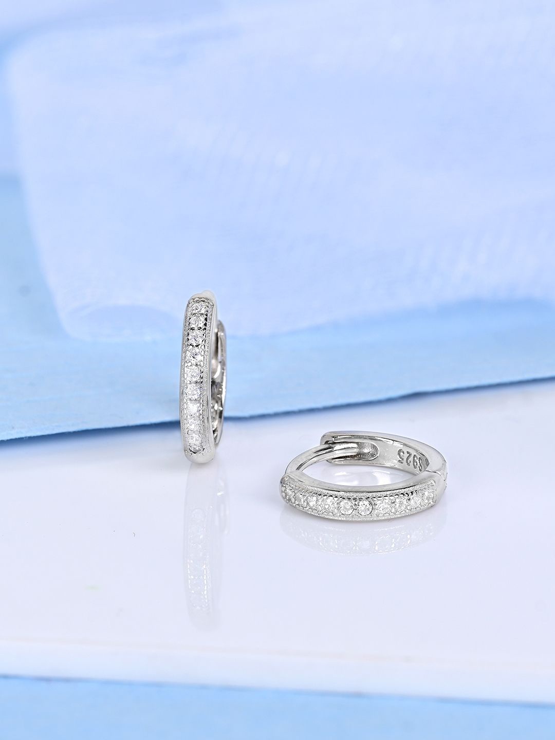 

TOUCH925 Pure Silver Cubic Zirconia Studded Contemporary Hoop Earrings
