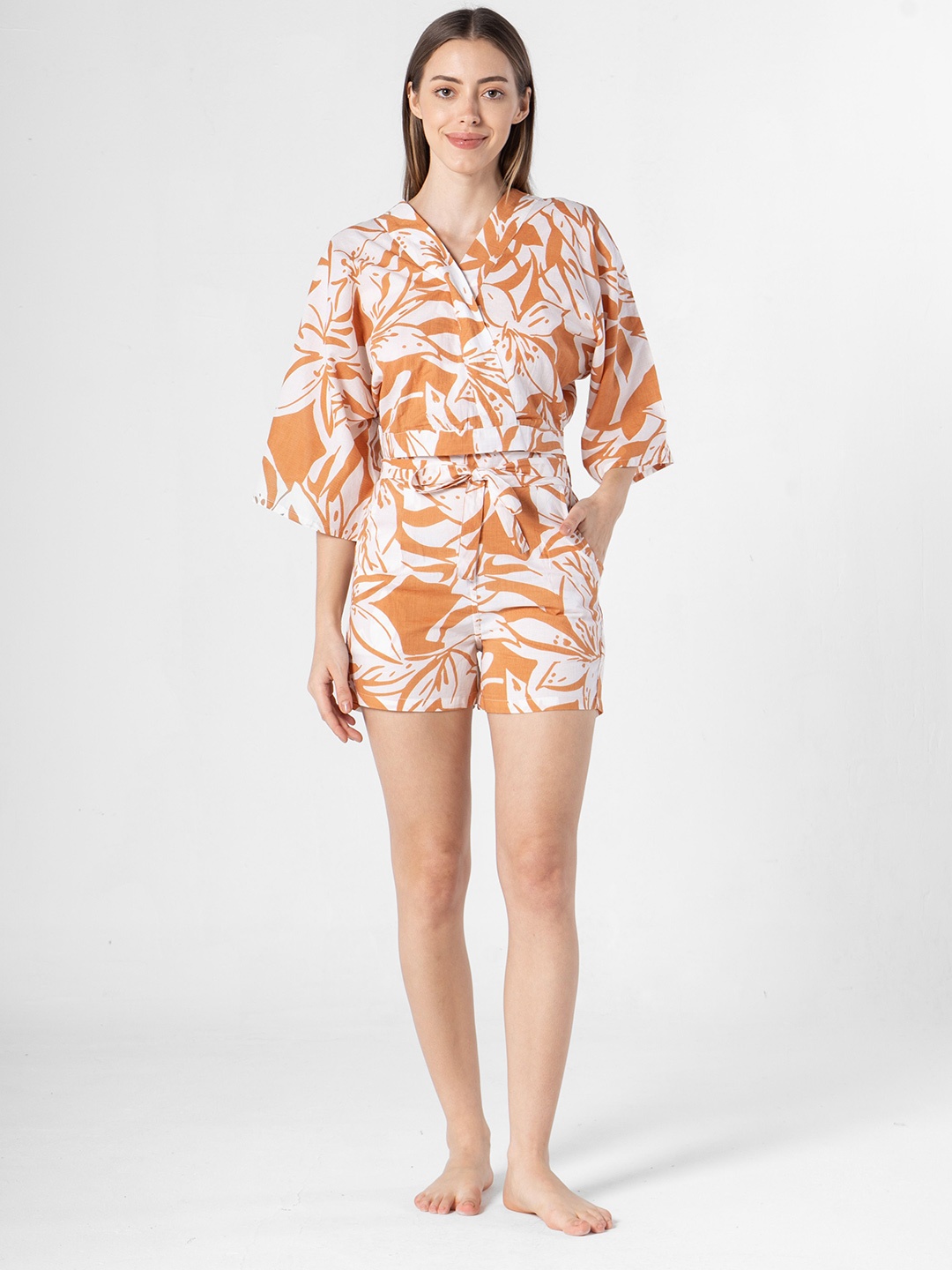 

SANSKRUTIHOMES Printed Pure Cotton Nightsuit, Orange