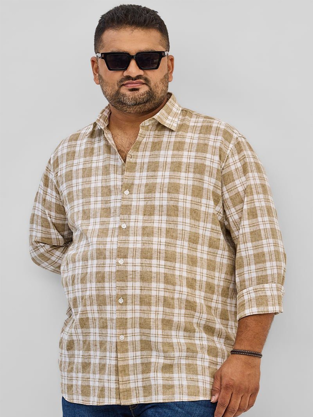 

Snitch Plus Size Classic Checked Casual Shirt, Beige