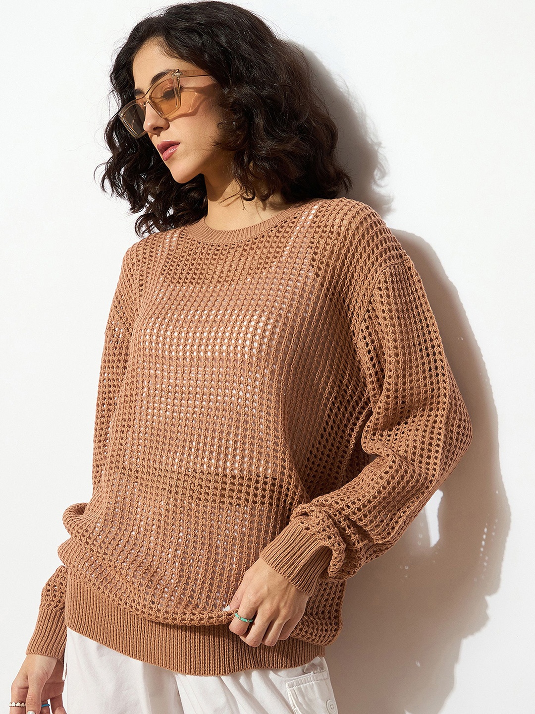 

SASSAFRAS Women Round Neck Crochet Pullover, Beige