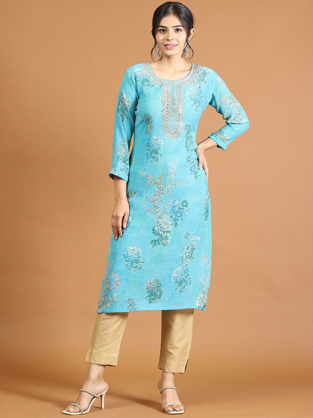 

Meena Bazaar Round Neck Floral Printed Chiffon Straight Kurta, Sea green