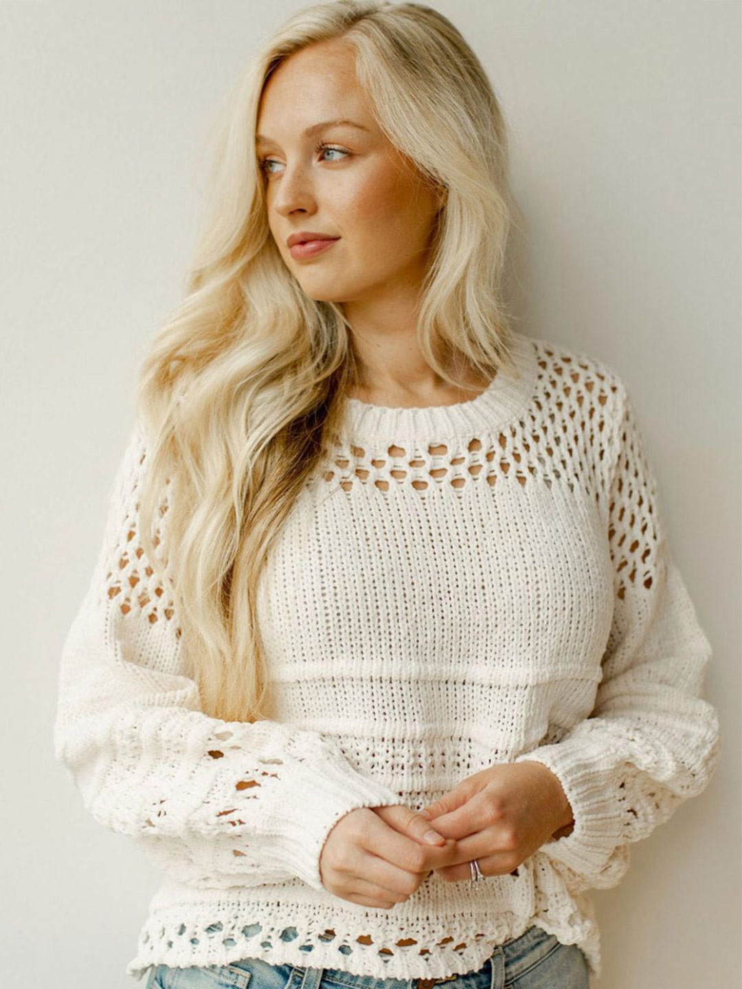 

StyleCast Women Cotton Open Knit Round Neck Pullover, White