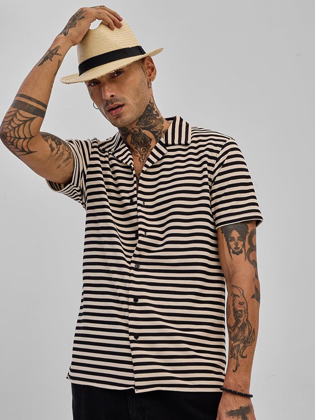 

Snitch Horizontal Striped Slim Fit Casual Shirt, Black