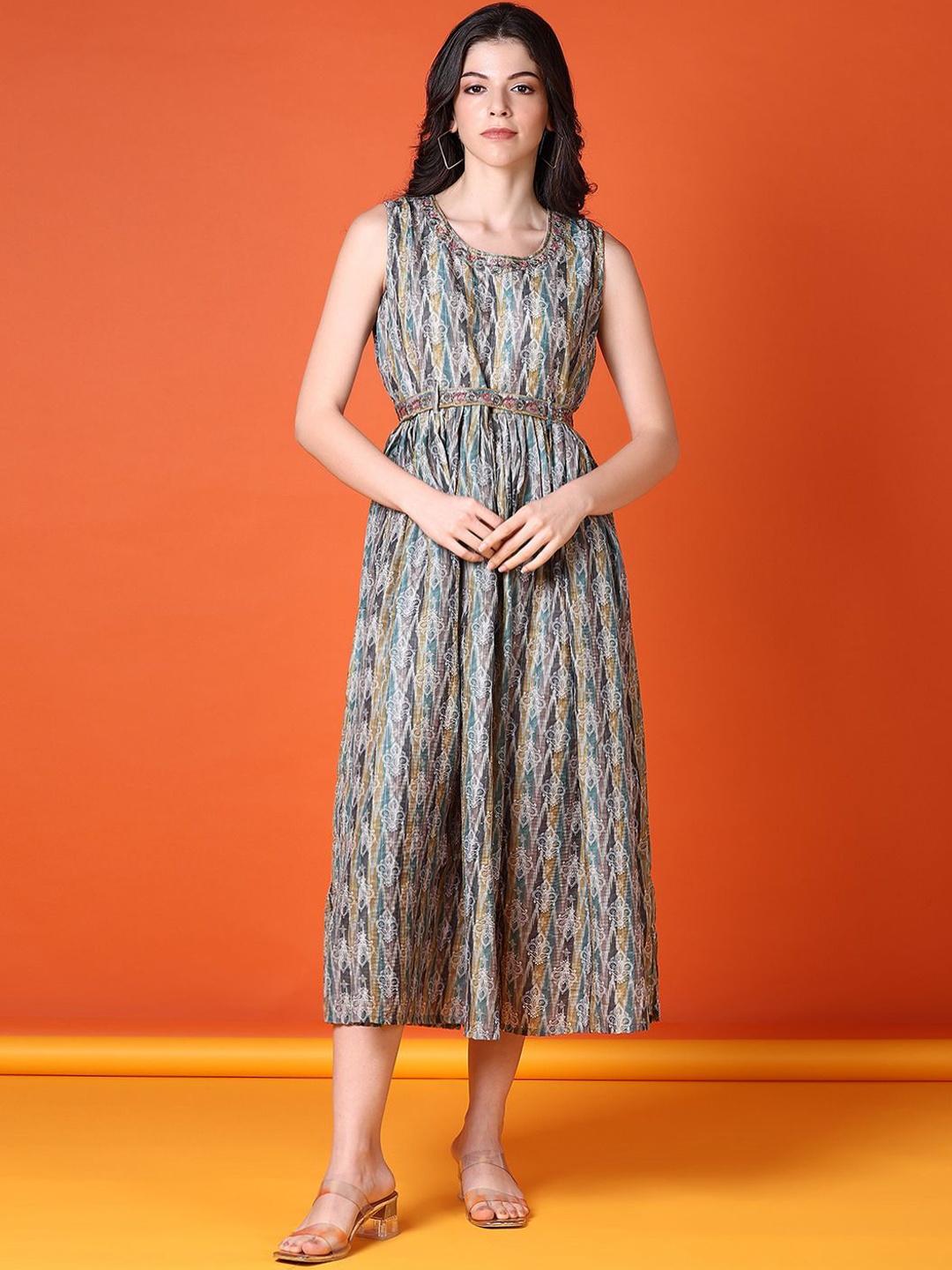 

V-Mart Cotton Printed Round Neck Sleeveless Fit and Flare Midi Ethnic Dress, Grey