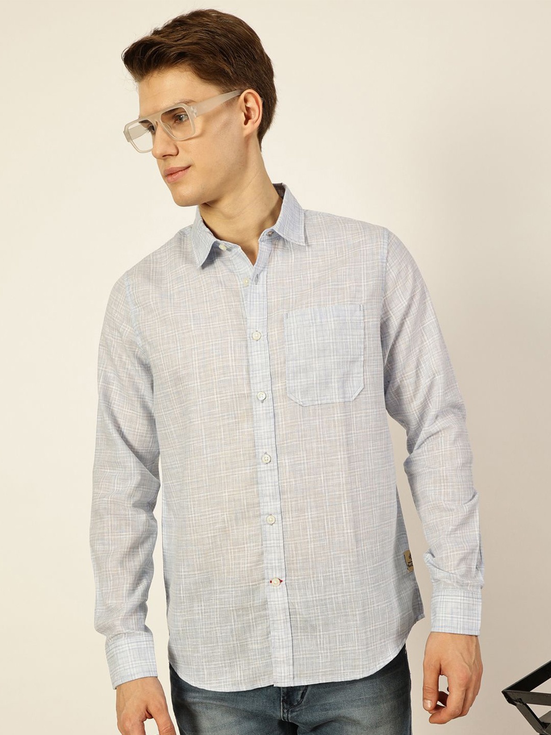 

Thomas Scott Men Checked Linen Blend Slim Fit Casual Shirt, Blue