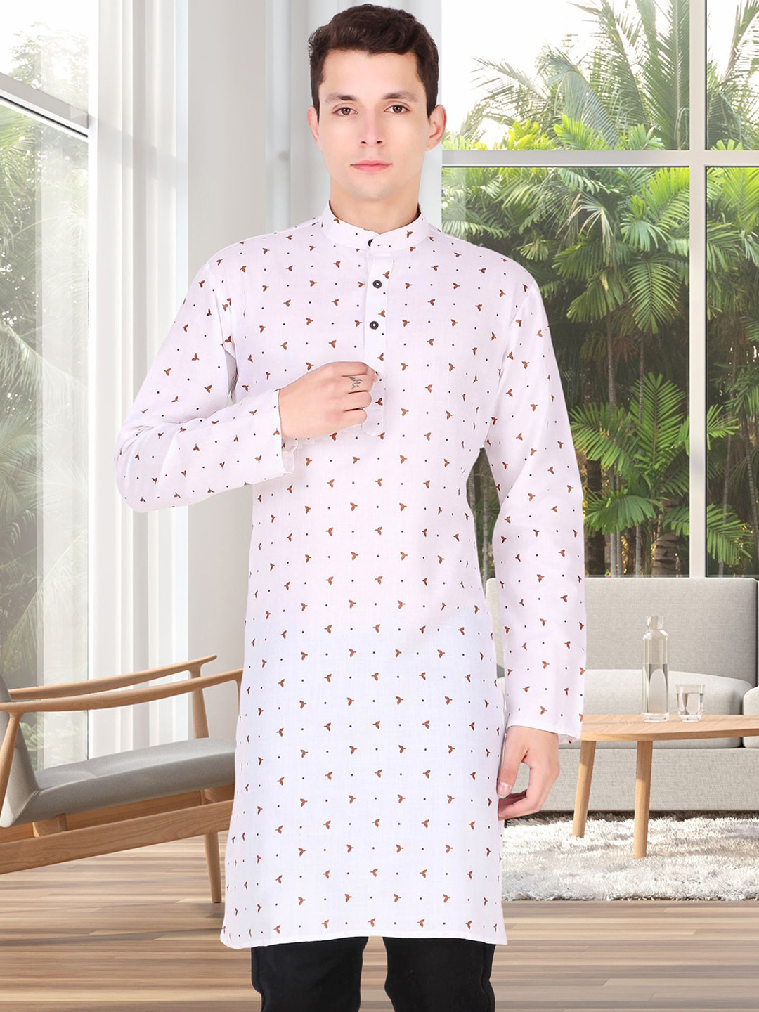 

SKAVIJ Geometric Printed Cotton Kurta, Brown