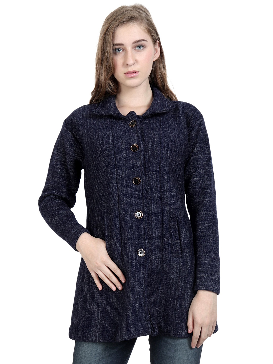 

HAUTEMODA Women Front-Open Long Sleeves Woollen Cardigan, Navy blue