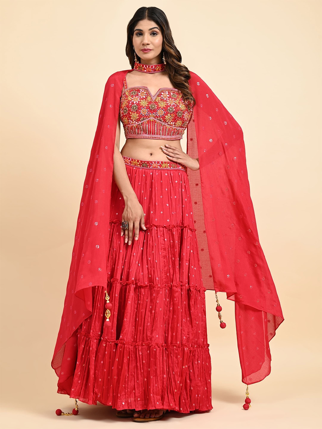 

VANAKARA Embroidered Beads And Stones Ready To Wear Lehenga & Blouse With Dupatta, Red